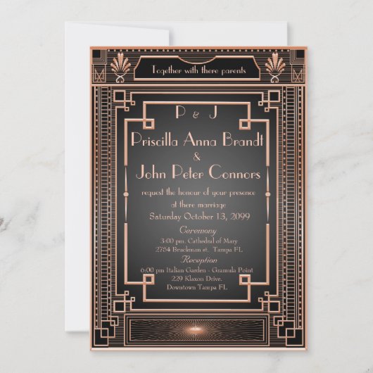 Carte faire-part de mariage, Art Déco, noir, or ro (Devant)