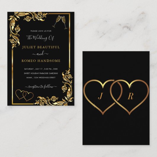 Carte Faire-part de mariage Black et Gold (Devant / Derrière)