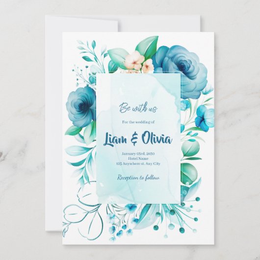 Carte Faire-part de mariage bleue d'aquarelle Flor (Devant)