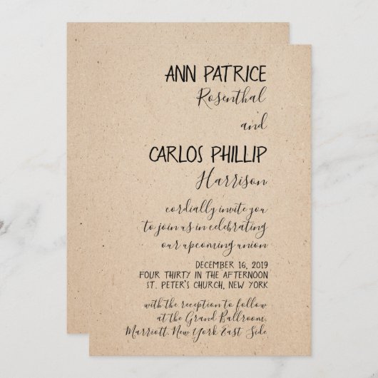 CARTE FAIRE-PART DE MARIAGE CLASSIQUE ÉCRITE À LA  (Devant / Derrière)