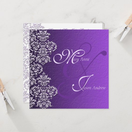 Carte Faire-part de mariage Damask Royal Purple (Devant/Arrière en situation)