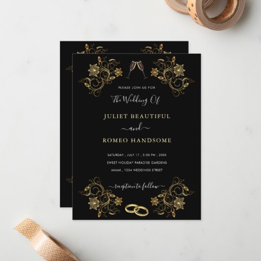 Carte Faire-part de mariage de conception Gold Bla (Devant/Arrière en situation)