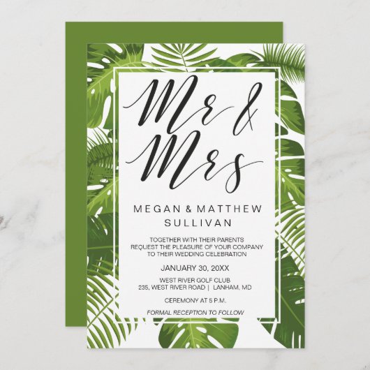 Carte faire-part de mariage feuille verte| M. et M (Devant / Derrière)