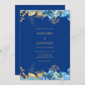 Carte Faire-part de mariage Florale Bleu et Or (Devant / Derrière)