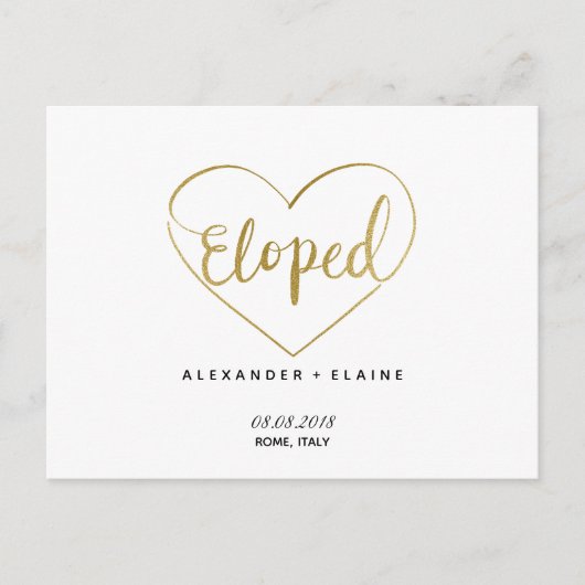 Carte Faire-part de mariage Gold Heart Eloped Text (Devant)