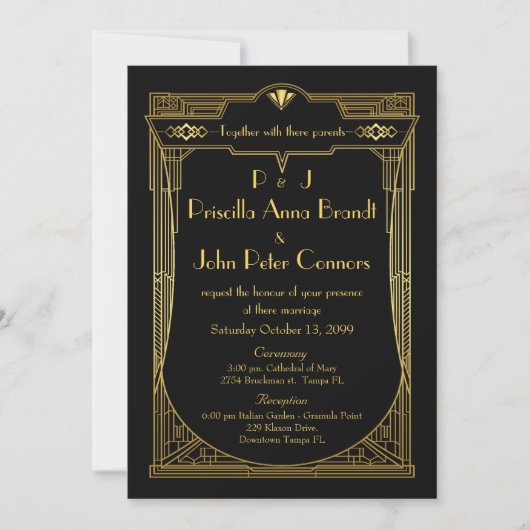 Carte Faire-part de mariage,Grand Gatsby, noir, or (Devant)