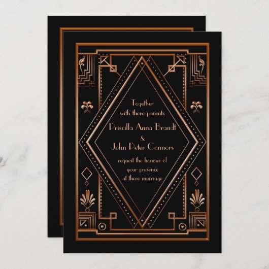 Carte faire-part de mariage, Grand Gatsby, or rose (Devant / Derrière)