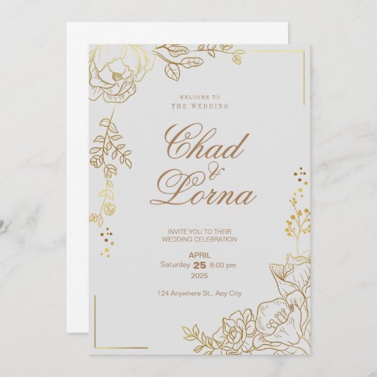 Carte Faire-part de mariage or et rose (Devant / Derrière)