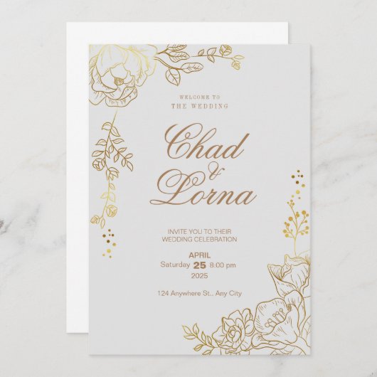 Carte Faire-part de mariage or et rose (Devant / Derrière)