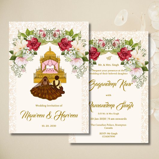 Carte faire-part de mariage Sikh floral aquarelle