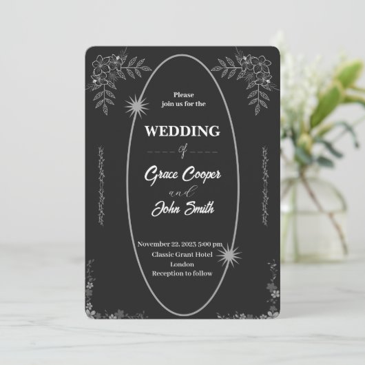Carte faire-part de mariage simple en noir et blan (Debout devant)