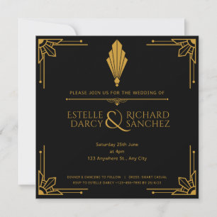 Carte faire-part de mariage simple en noir et or