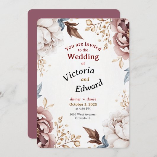 Carte Faire-part de mariage Victorian Peony Luxe (Devant / Derrière)