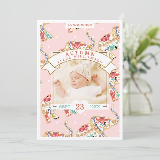 Carte Faire-part de naissance bébé - Eléphant déco (Debout devant)