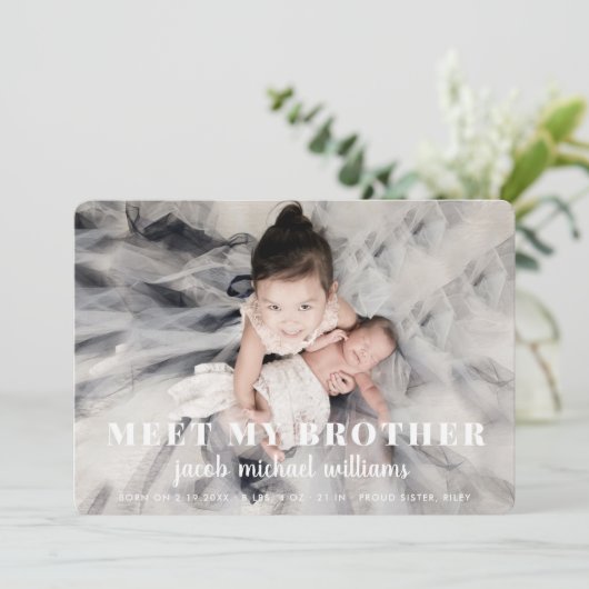 carte Faire-part de naissance bébé frère (Debout devant)