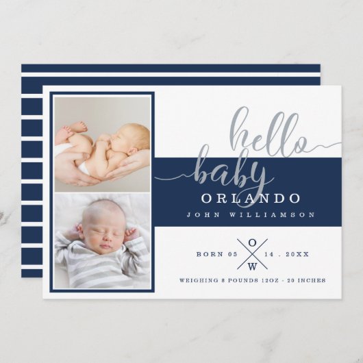 Carte Faire-part de naissance bébé - Marine & Whit (Devant / Derrière)