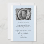 Carte faire-part de naissance bleue avec photo (Dos)