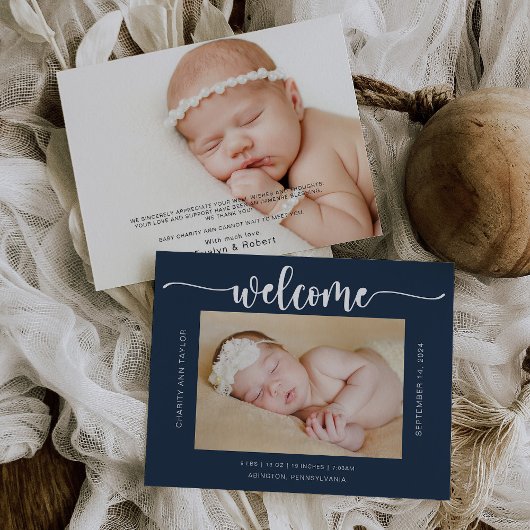 Carte Faire-part de naissance bleue Calligraphie m