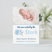 Carte Faire-part de naissance de la cigogne bleue (Debout devant)