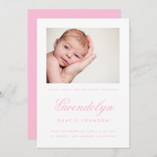 Carte Faire-part de naissance fille photo simple é (Devant / Derrière)