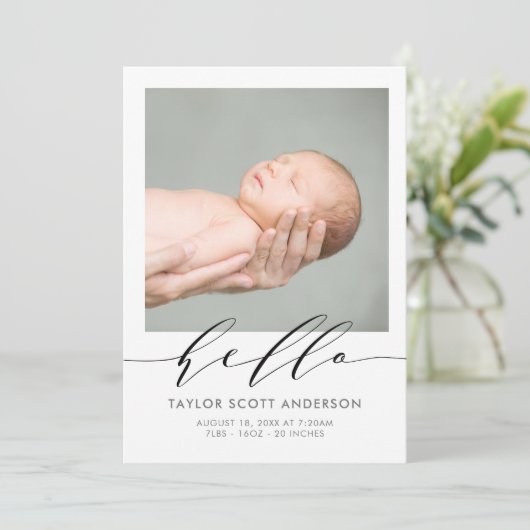 Carte Faire-part de naissance photo Hello Script m (Debout devant)