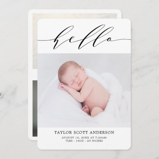 Carte Faire-part de naissance photo Hello Script m (Devant / Derrière)