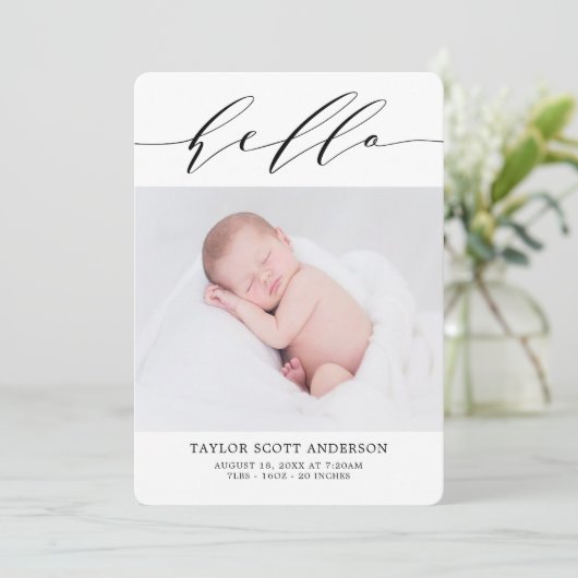 Carte Faire-part de naissance photo Hello Script m (Debout devant)