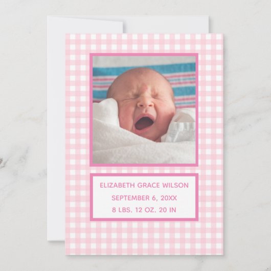 Carte Faire-part de naissance rose En vichy (Devant)