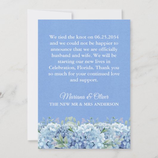 Carte Faire-part mariage Blue Hydrangeas Floral (Dos)