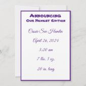 Carte Faire-part plat pour bébé fille (Dos)