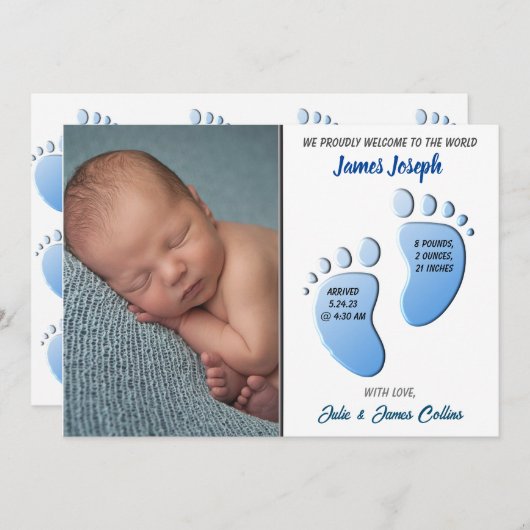 Carte Faire-part plat pour bébé garçon pieds (Devant / Derrière)