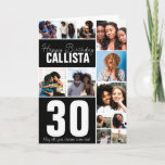 Carte Famille Cool amis Collage photo Joyeux anniversair<br><div class="desc">Cette carte de voeux d'anniversaire cool et mignonne est parfaite pour tout ami ou membre de la famille. Il comporte douze photos personnalisables avec la citation "Joyeux anniversaire", nom, et âge "30" (qui peut être changé à n'importe quel âge) en blanc sur le dessus des carrés de bloc de couleur...</div>