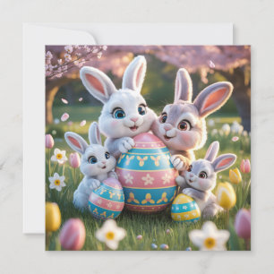 Carte Famille de lapins 3D joyeuse avec un œuf de Pâques
