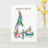 Carte Famille de lapins de Pâques vintage (Fleur jaune)