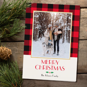Carte Famille de Noël Photo personnalisée Rustique Rouge