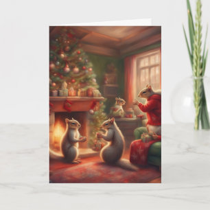 Carte Famille d'écureuils Noël salon cosy