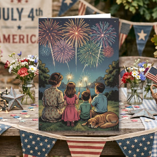 Carte Famille et chien rétro | Joyeux 14 juillet