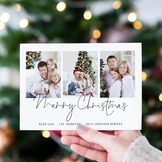 Carte Famille moderne 3 Photos Script Merry Christmas Ca