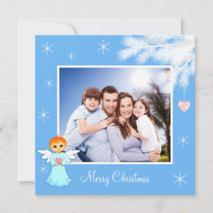 Carte Famille personnalisée et ange sur Noël bleu clair