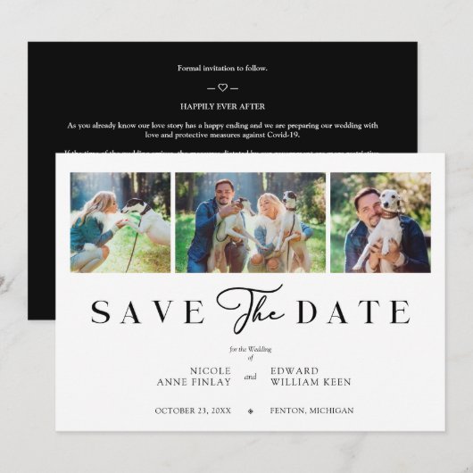 Carte Fancy Minimalist Collage 3 Photos Couple Wedding (Devant / Derrière)