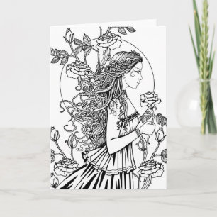 Carte Fantaisie de femme en roses à colorier soi-même