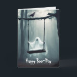 Carte Fantôme d'anniversaire et Corbeau<br><div class="desc">Halloween fantôme sur une balançoire dans une forêt éffrayante avec un corbeau. Tout le texte peut être modifié.</div>