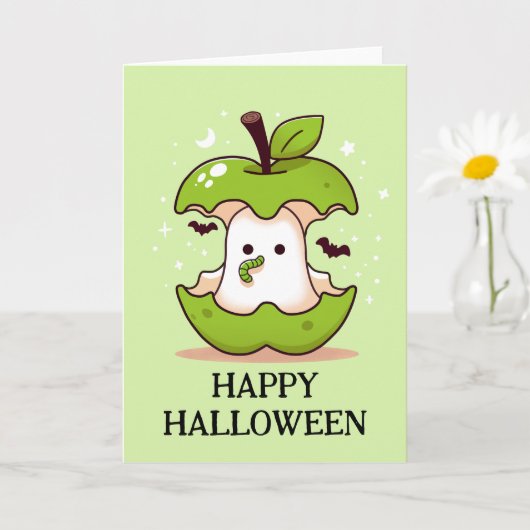 Carte Fantôme mignon Dans Pomme Verte Avec Halloween Wor (Petite plante)