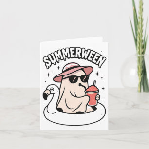 Carte Fantôme rose drôle de Summerween flottant dans un