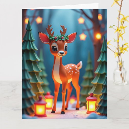 Carte Faon doux dans une scène de Noël en forêt enneigée (Fleur jaune)