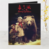Carte Faune Enfants Ours Noël Vintage (Fleur jaune)