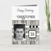Carte Faux bois rustique 16ème photo gris anniversaire (Devant)