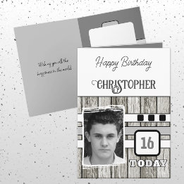 Carte Faux bois rustique 16ème photo gris anniversaire