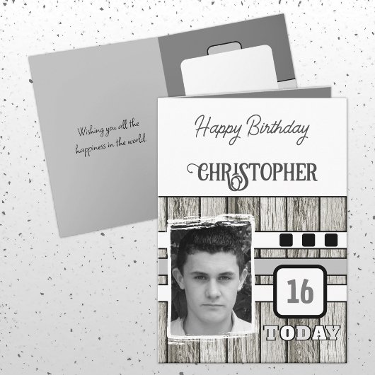 Carte Faux bois rustique 16ème photo gris anniversaire