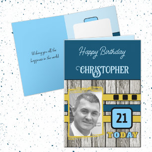 Carte Faux bois rustique 21e anniversaire photo bleu